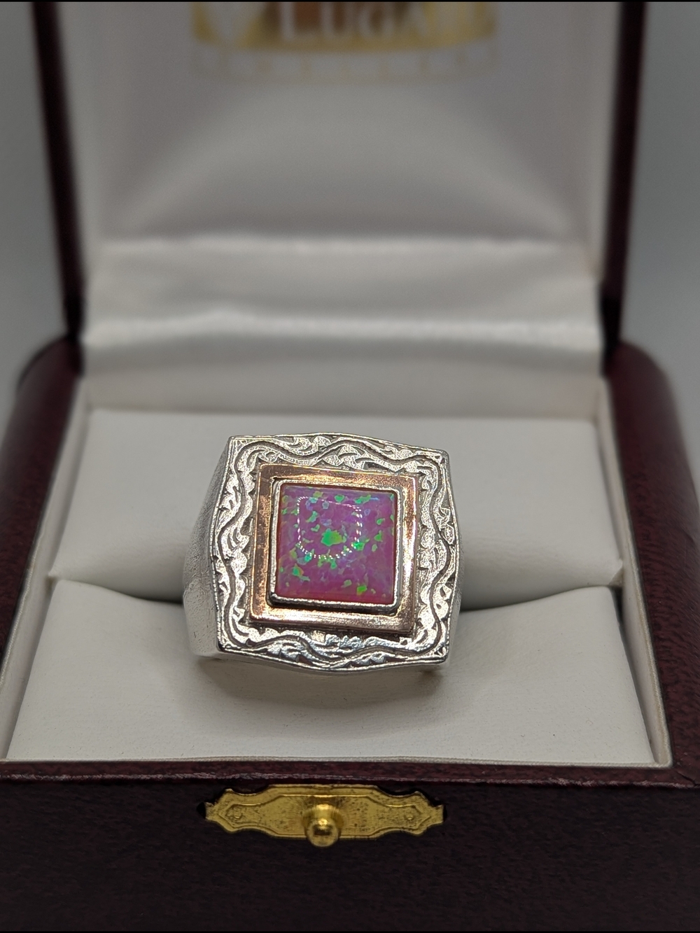 Sterling Silver and solid gold perimeter unisex signet ring with Pink Opal inlay